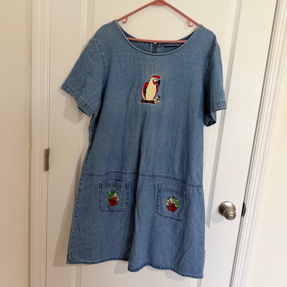 Denim Dress with Embroidered Pockets